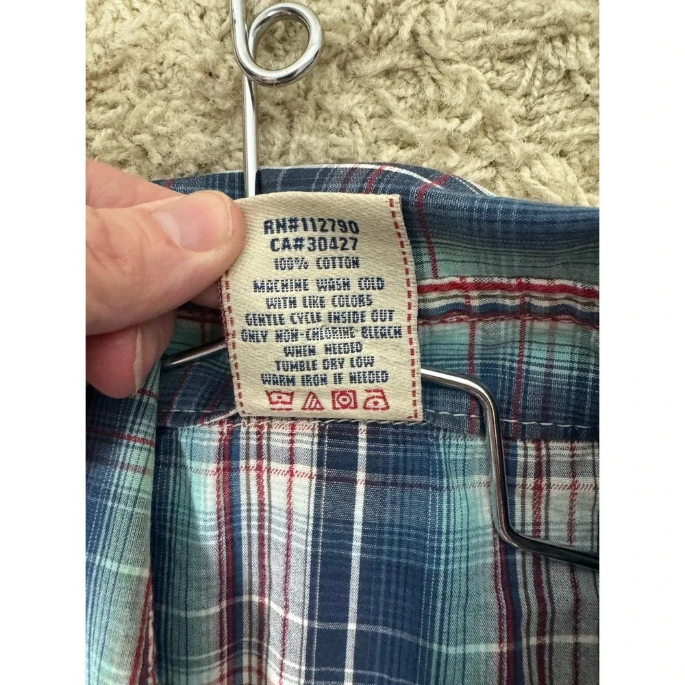 True Religion Long Sleeve Blue Plaid Pearl Snap Up Pocket Shirt Men's L Western